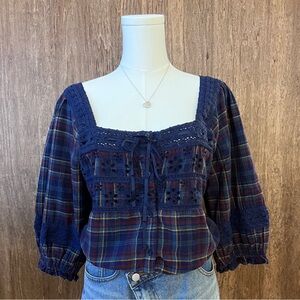 American Eagle Outfitters Navy Plaid Lace Blouse